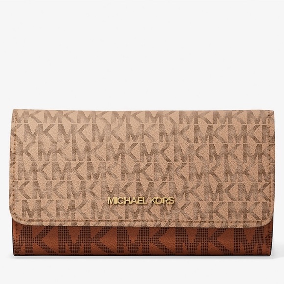 Michael Kors Jet Set Large Signature Logo TriFold Wallet Camel Multi - Picture 1 of 7
